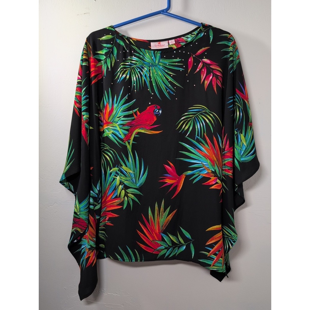 Quacker Factory Embellished Caftan Shirt Sz S Palm Print With Parrots